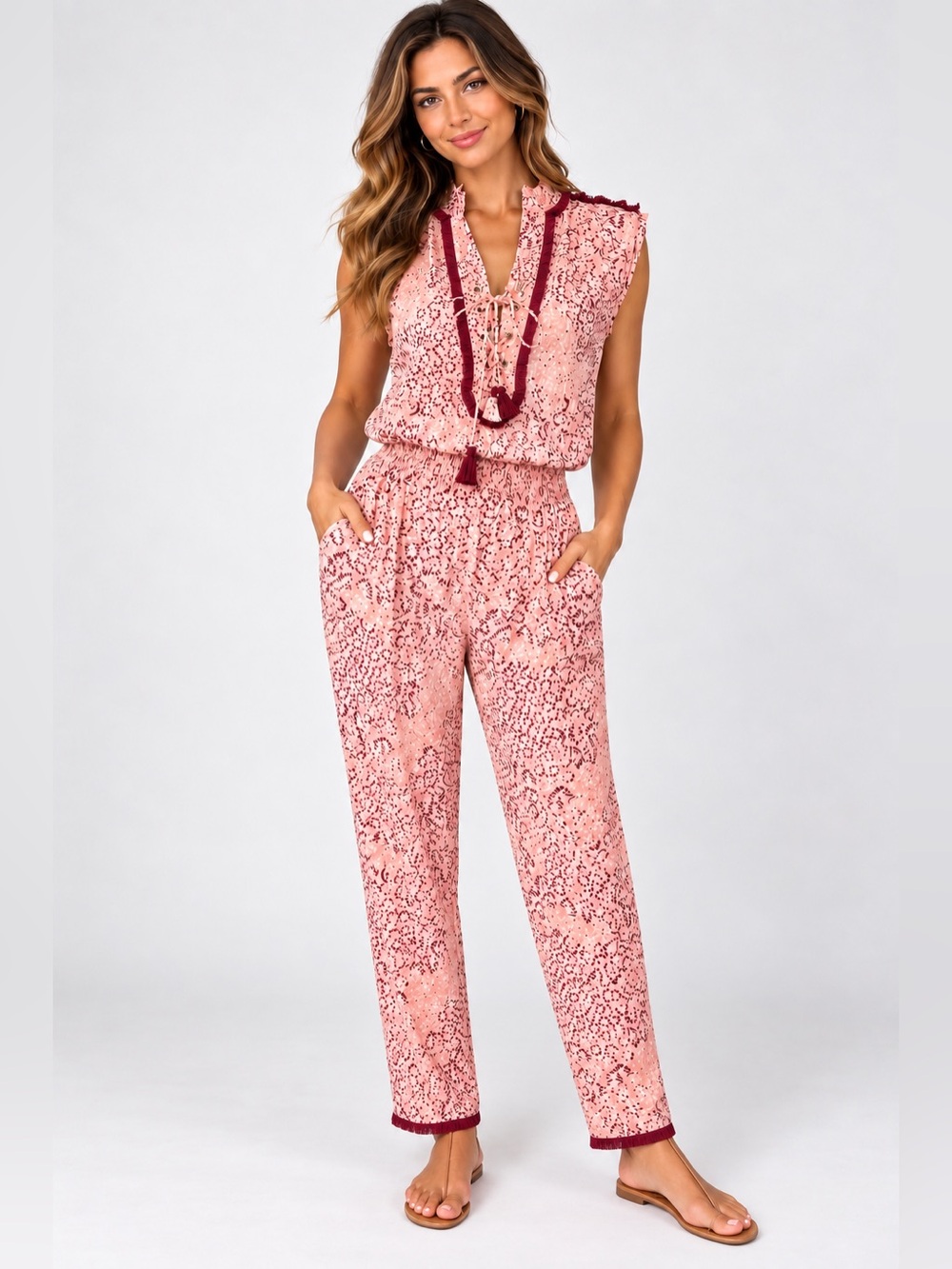 Poupette St. Barth Donna Jumpsuit Pink Floral Tassell Tropical Resort Size Small